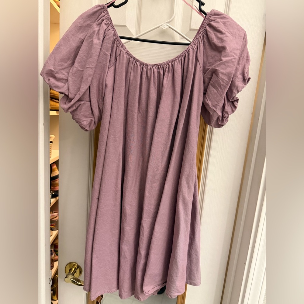 Mable Mauve Puff Sleeve Peasant Mini Dress linen blend